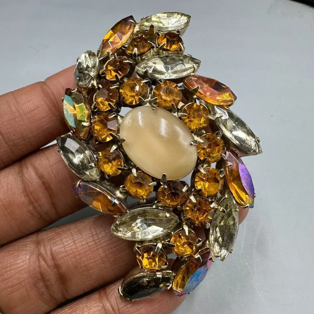 Vintage Amber Color Rhinestone Brooch Silver Tone Navette Aurora Borealis